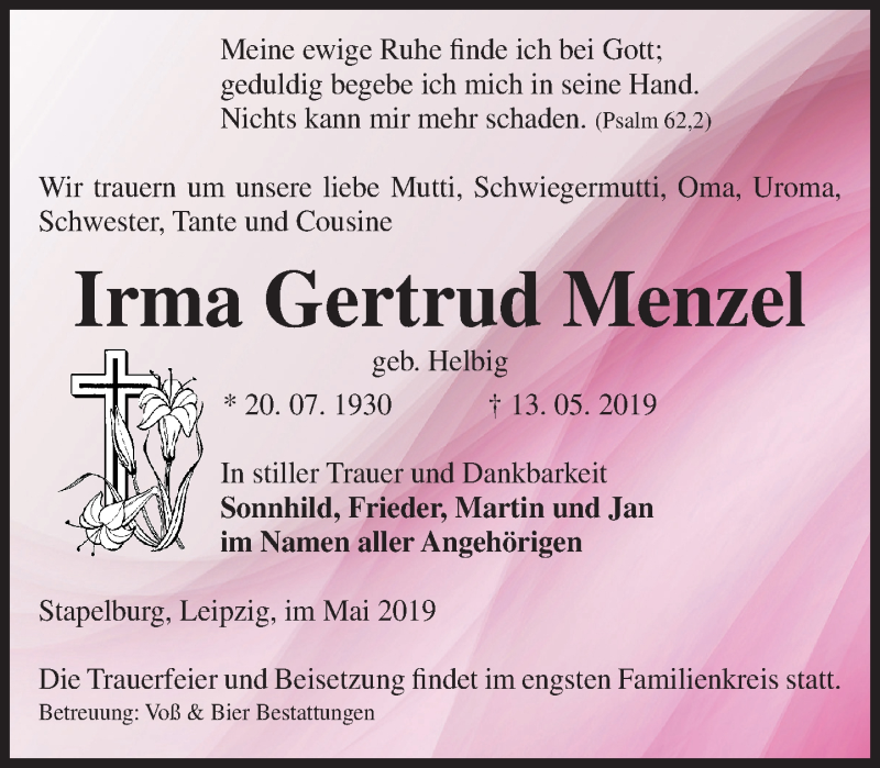  Traueranzeige für Irma Gertrud Menzel vom 18.05.2019 aus Leipziger Volkszeitung