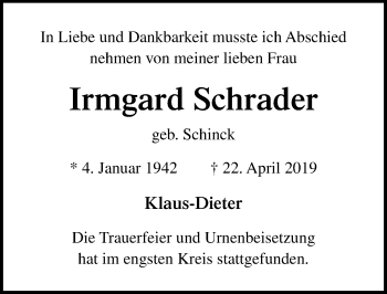 Traueranzeige von Irmgard Schrader von Lübecker Nachrichten
