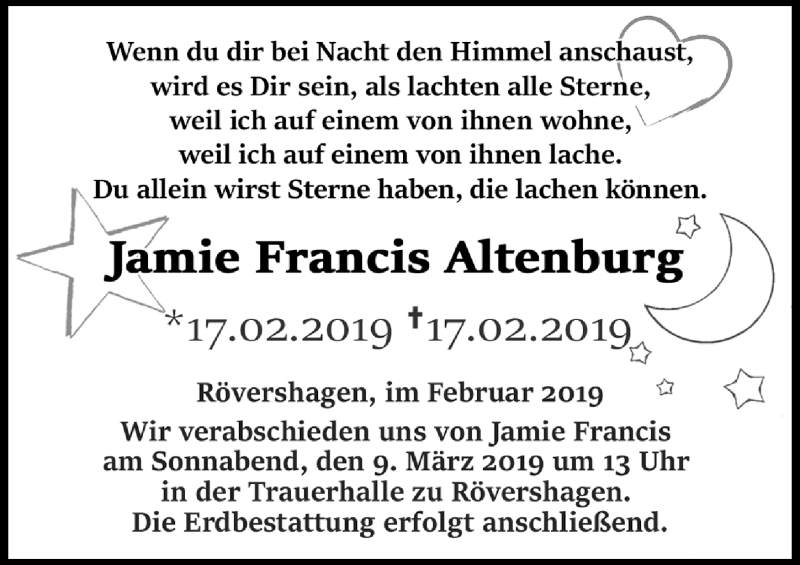  Traueranzeige für Jamie Francis Altenburg vom 02.03.2019 aus Ostsee-Zeitung GmbH