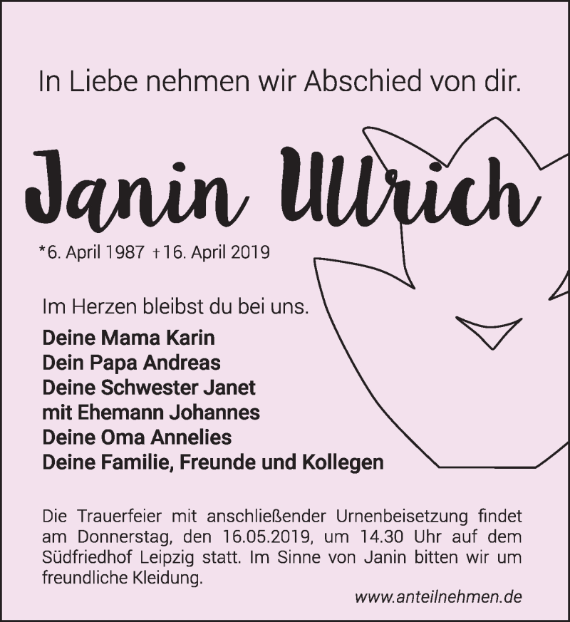  Traueranzeige für Janin Ullrich vom 04.05.2019 aus Leipziger Volkszeitung