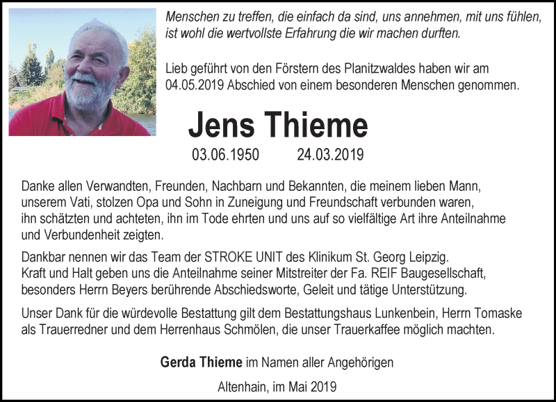  Traueranzeige für Jens Thieme vom 11.05.2019 aus Leipziger Volkszeitung