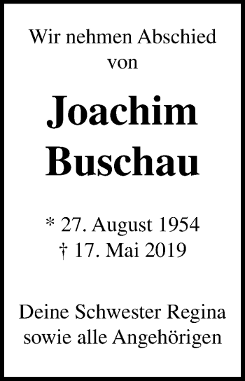 Traueranzeige von Joachim Buschau von Lübecker Nachrichten