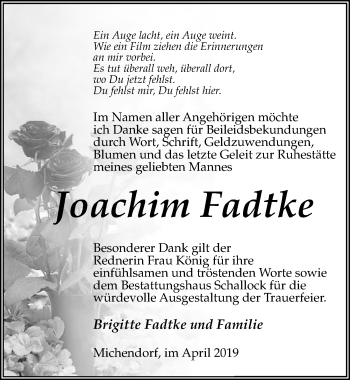 Traueranzeige von Joachim Fadtke von Märkischen Allgemeine Zeitung