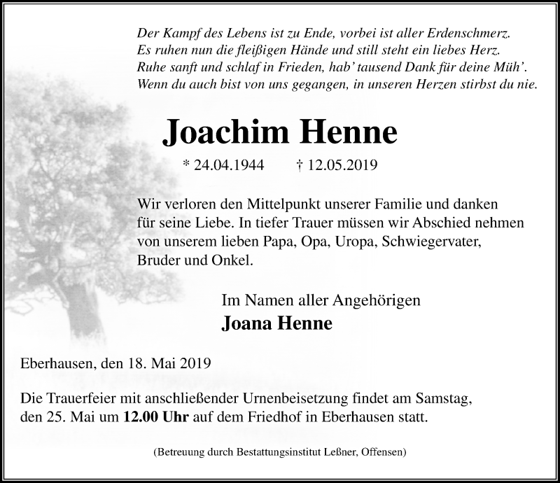  Traueranzeige für Joachim Henne vom 18.05.2019 aus Göttinger Tageblatt