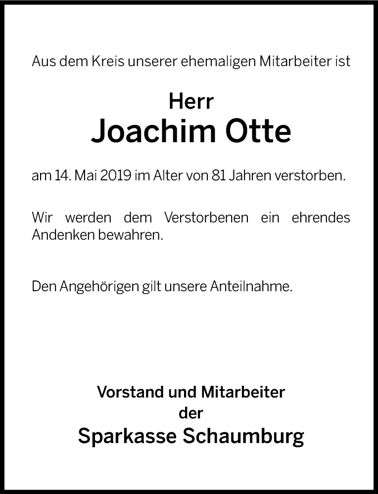  Traueranzeige für Joachim Otte vom 23.05.2019 aus Schaumburger Nachrichten