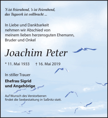 Traueranzeige von Joachim Peter von Leipziger Volkszeitung