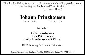 Traueranzeige von Johann Prinzhausen von Hannoversche Allgemeine Zeitung/Neue Presse