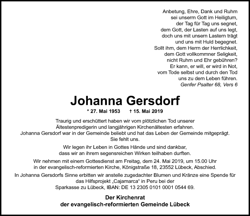  Traueranzeige für Johanna Gersdorf vom 21.05.2019 aus Lübecker Nachrichten