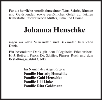 Traueranzeige von Johanna Henschke von Märkischen Allgemeine Zeitung