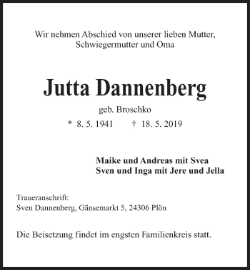 Traueranzeige von Jutta Dannenberg von Kieler Nachrichten