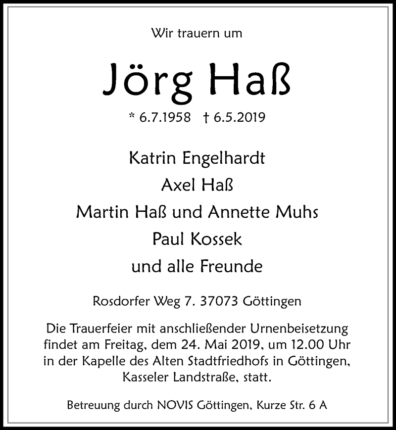  Traueranzeige für Jörg Haß vom 18.05.2019 aus Göttinger Tageblatt