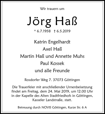 Traueranzeige von Jörg Haß von Göttinger Tageblatt