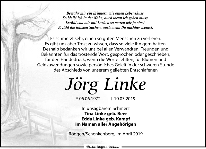  Traueranzeige für Jörg Linke vom 20.04.2019 aus Leipziger Volkszeitung