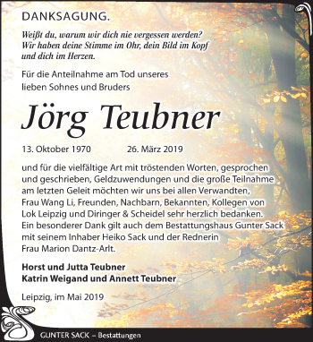 Traueranzeige von Jörg Teubner von Leipziger Volkszeitung