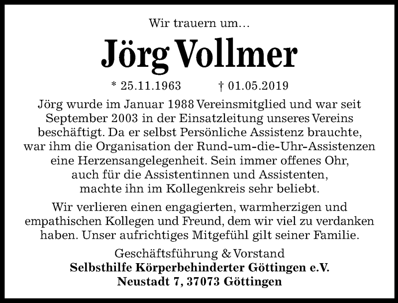  Traueranzeige für Jörg Vollmer vom 18.05.2019 aus Göttinger Tageblatt