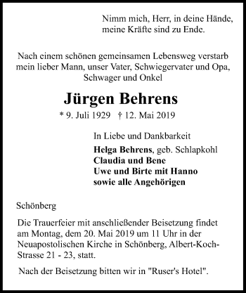 Traueranzeige von Jürgen Behrens von Kieler Nachrichten