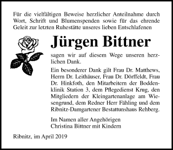 Traueranzeige von Jürgen Bittner von Ostsee-Zeitung GmbH