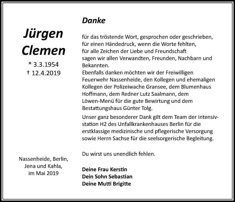  Traueranzeige für Jürgen Clemen vom 25.05.2019 aus Märkischen Allgemeine Zeitung
