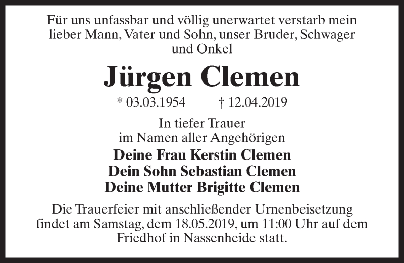  Traueranzeige für Jürgen Clemen vom 04.05.2019 aus Märkischen Allgemeine Zeitung