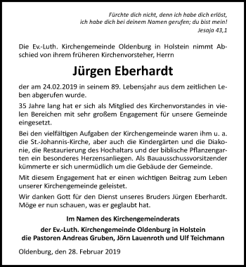 Traueranzeige von Jürgen Eberhardt von Lübecker Nachrichten