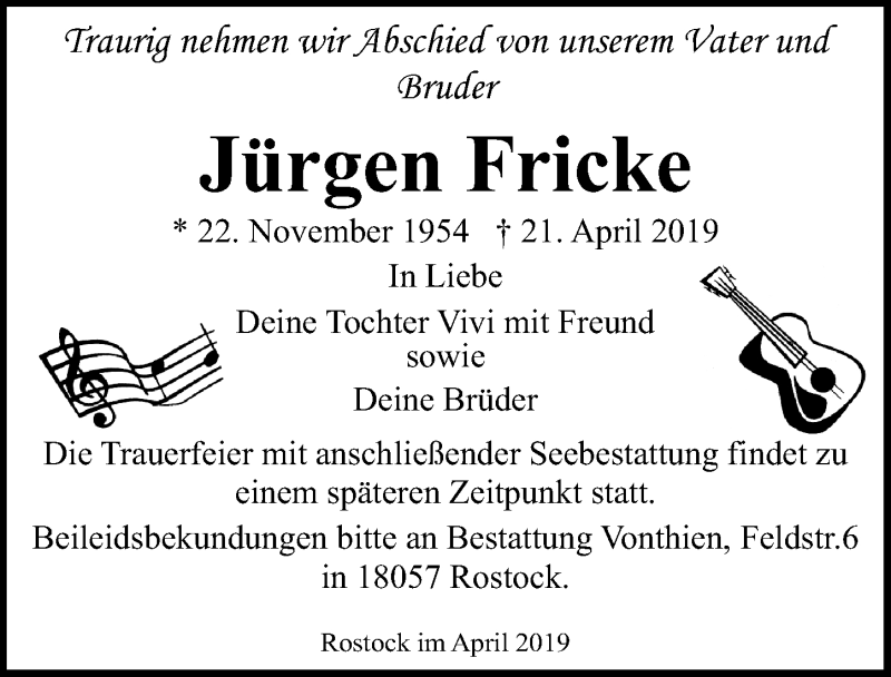  Traueranzeige für Jürgen Fricke vom 04.05.2019 aus Ostsee-Zeitung GmbH