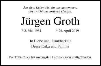 Traueranzeige von Jürgen Groth von Lübecker Nachrichten