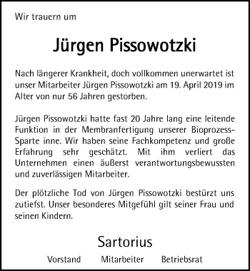 Traueranzeige von Jürgen Pissowotzki von Göttinger Tageblatt
