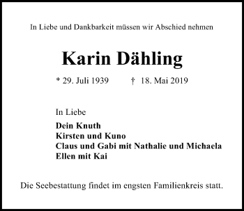 Traueranzeige von Karin Dähling von Kieler Nachrichten