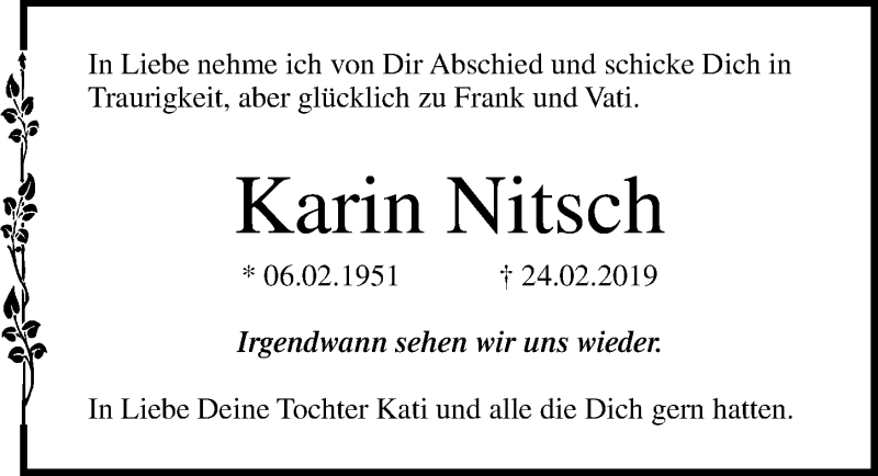  Traueranzeige für Karin Nitsch vom 02.03.2019 aus Ostsee-Zeitung GmbH