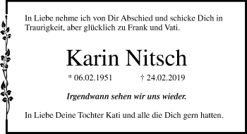 Traueranzeige von Karin Nitsch von Ostsee-Zeitung GmbH