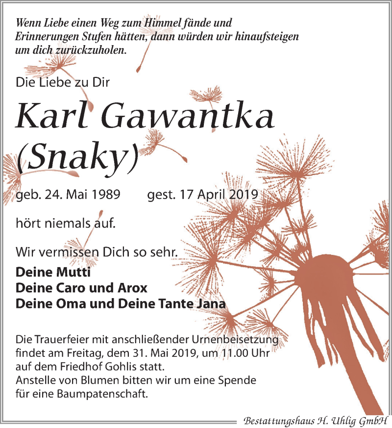  Traueranzeige für Karl Gawantka vom 18.05.2019 aus Leipziger Volkszeitung