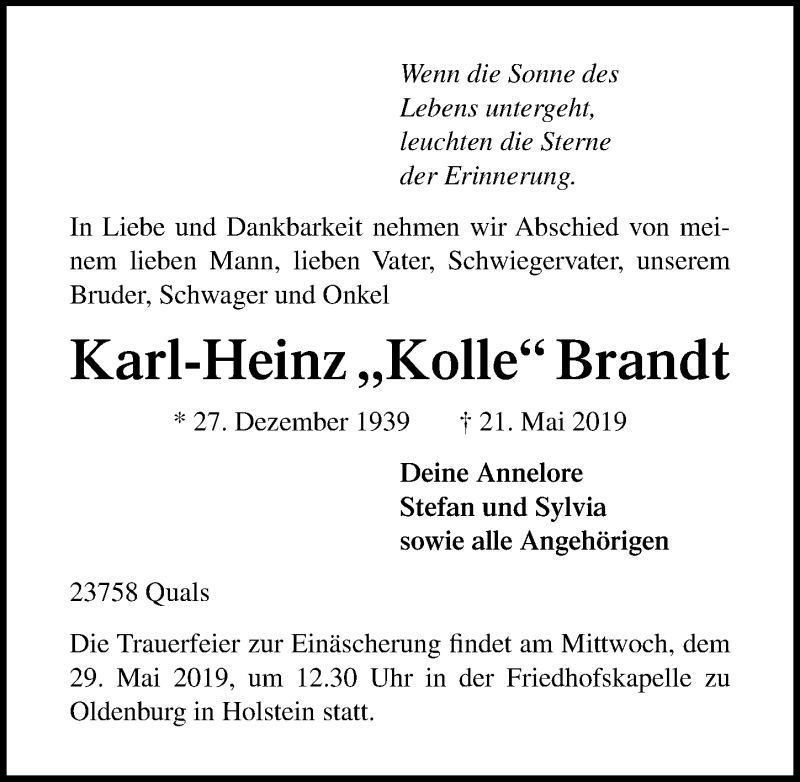  Traueranzeige für Karl-Heinz Brandt vom 24.05.2019 aus Lübecker Nachrichten