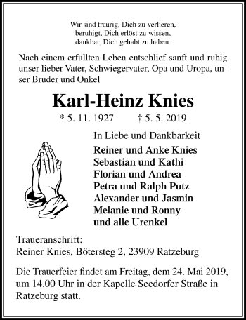 Traueranzeige von Karl-Heinz Knies von Lübecker Nachrichten