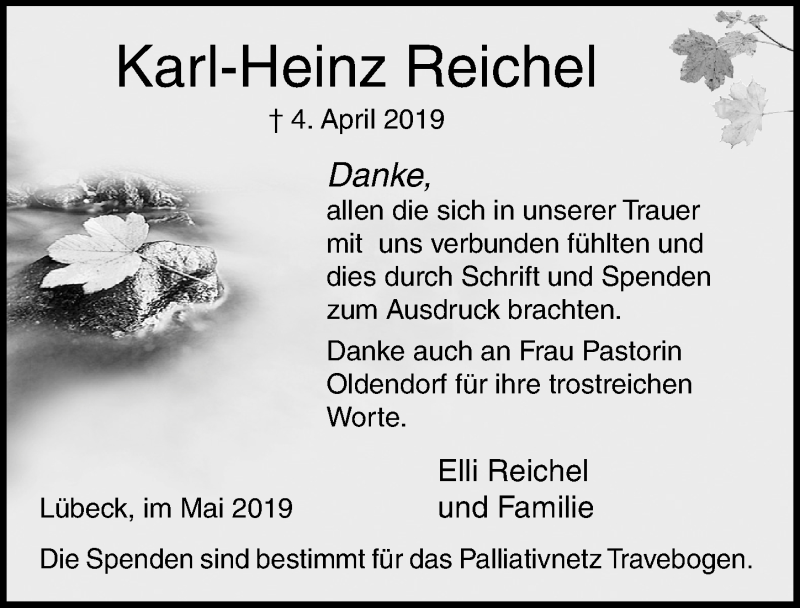  Traueranzeige für Karl-Heinz Reichel vom 12.05.2019 aus Lübecker Nachrichten