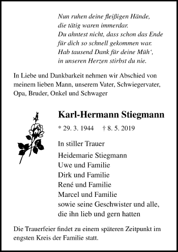 Traueranzeige von Karl-Hermann Stiegmann von Ostsee-Zeitung GmbH