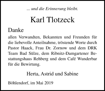 Traueranzeige von Karl Tlotzeck von Ostsee-Zeitung GmbH