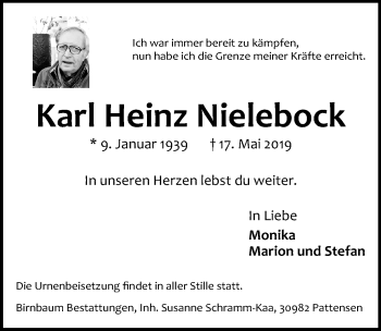 Traueranzeige von Karl Heinz Nielebock von Hannoversche Allgemeine Zeitung/Neue Presse