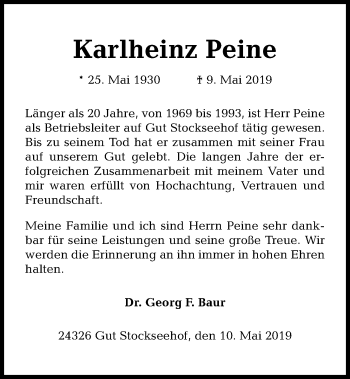 Traueranzeige von Karlheinz Peine von Kieler Nachrichten