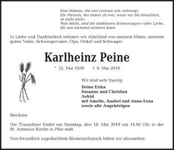 Traueranzeige von Karlheinz Peine von Kieler Nachrichten