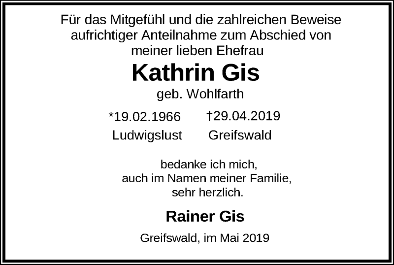  Traueranzeige für Kathrin Gis vom 11.05.2019 aus Ostsee-Zeitung GmbH