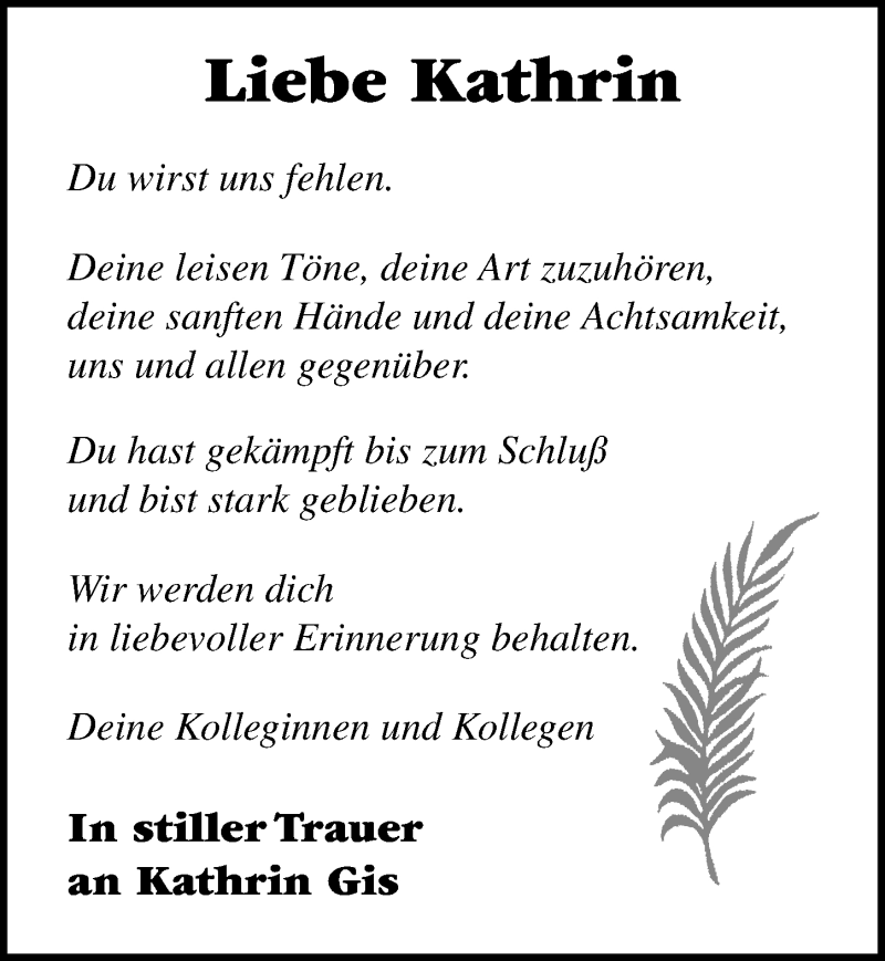  Traueranzeige für Kathrin Gis vom 11.05.2019 aus Ostsee-Zeitung GmbH