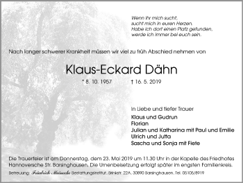 Traueranzeige von Klaus-Eckard Dähn von Hannoversche Allgemeine Zeitung/Neue Presse
