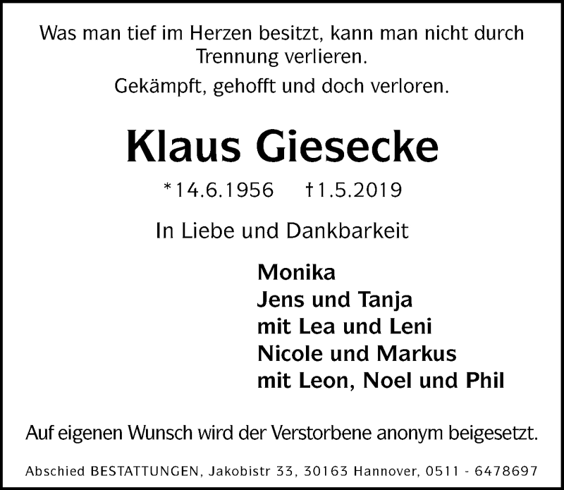  Traueranzeige für Klaus Giesecke vom 04.05.2019 aus Hannoversche Allgemeine Zeitung/Neue Presse