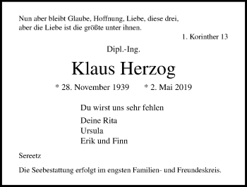 Traueranzeige von Klaus Herzog von Lübecker Nachrichten