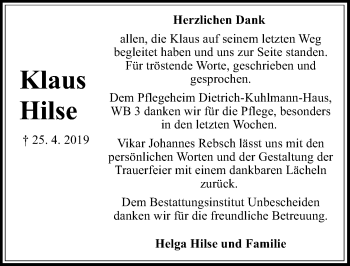 Traueranzeige von Klaus Hilse von Hannoversche Allgemeine Zeitung/Neue Presse