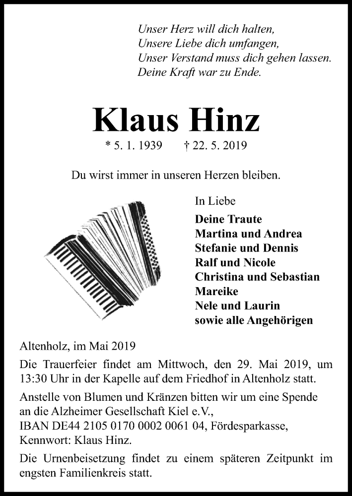  Traueranzeige für Klaus Hinz vom 25.05.2019 aus Kieler Nachrichten