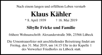 Traueranzeige von Klaus Kähler von Lübecker Nachrichten