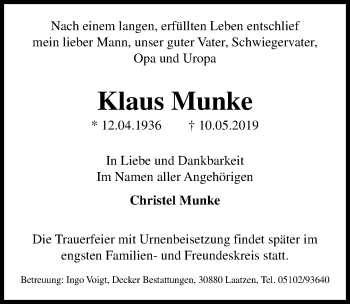 Traueranzeige von Klaus Munke von Hannoversche Allgemeine Zeitung/Neue Presse