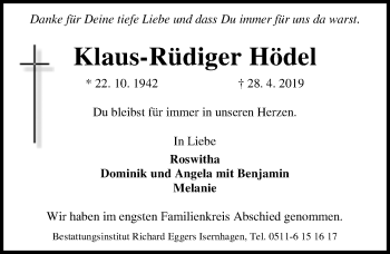 Traueranzeige von Klaus-Rüdiger Hödel von Hannoversche Allgemeine Zeitung/Neue Presse
