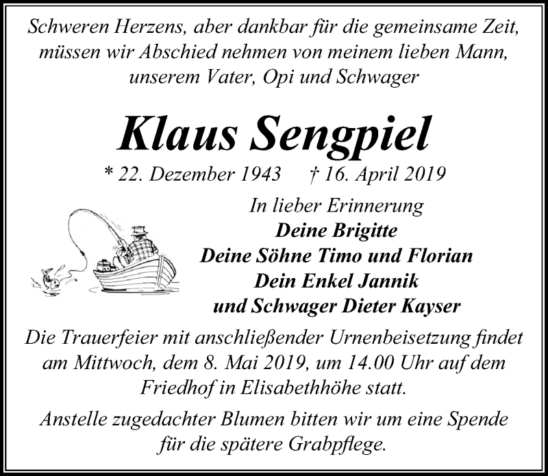  Traueranzeige für Klaus Sengpiel vom 20.04.2019 aus Märkischen Allgemeine Zeitung